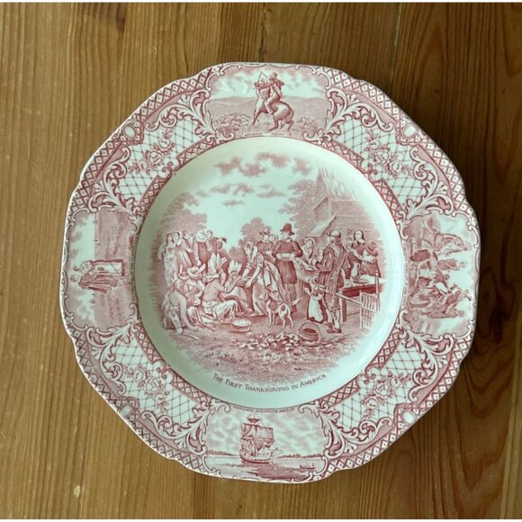 Vintage Crown Ducal England Red/Pink White Transferware Colonial Times Thanksgiv - Picture 1 of 4